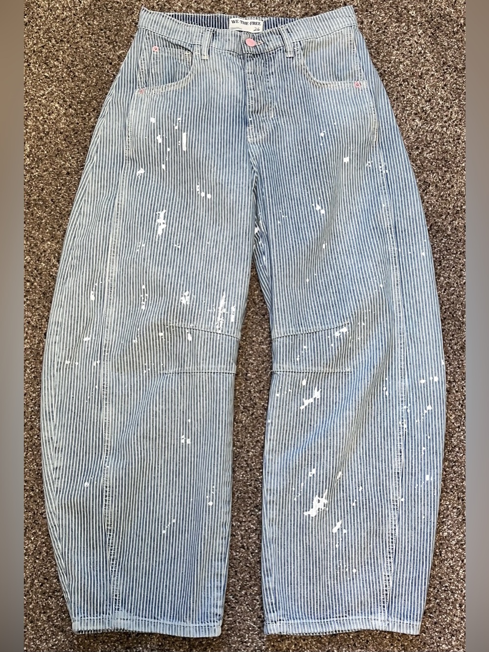 We The Free People Sz 26 Mid-Rise Good Luck Stripe Barrel Jeans Railroad Paint